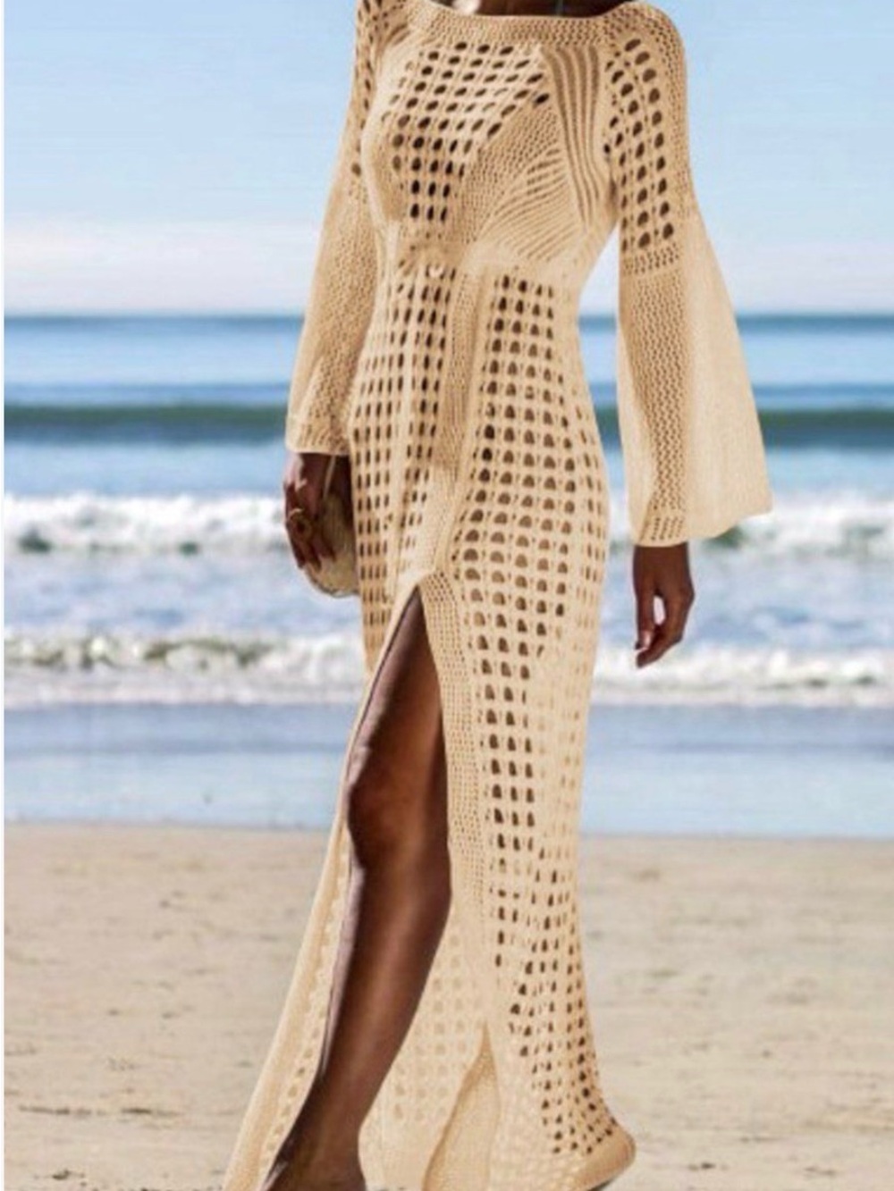 Beach Crochet Maxi Cover-Up Dress in Cream
